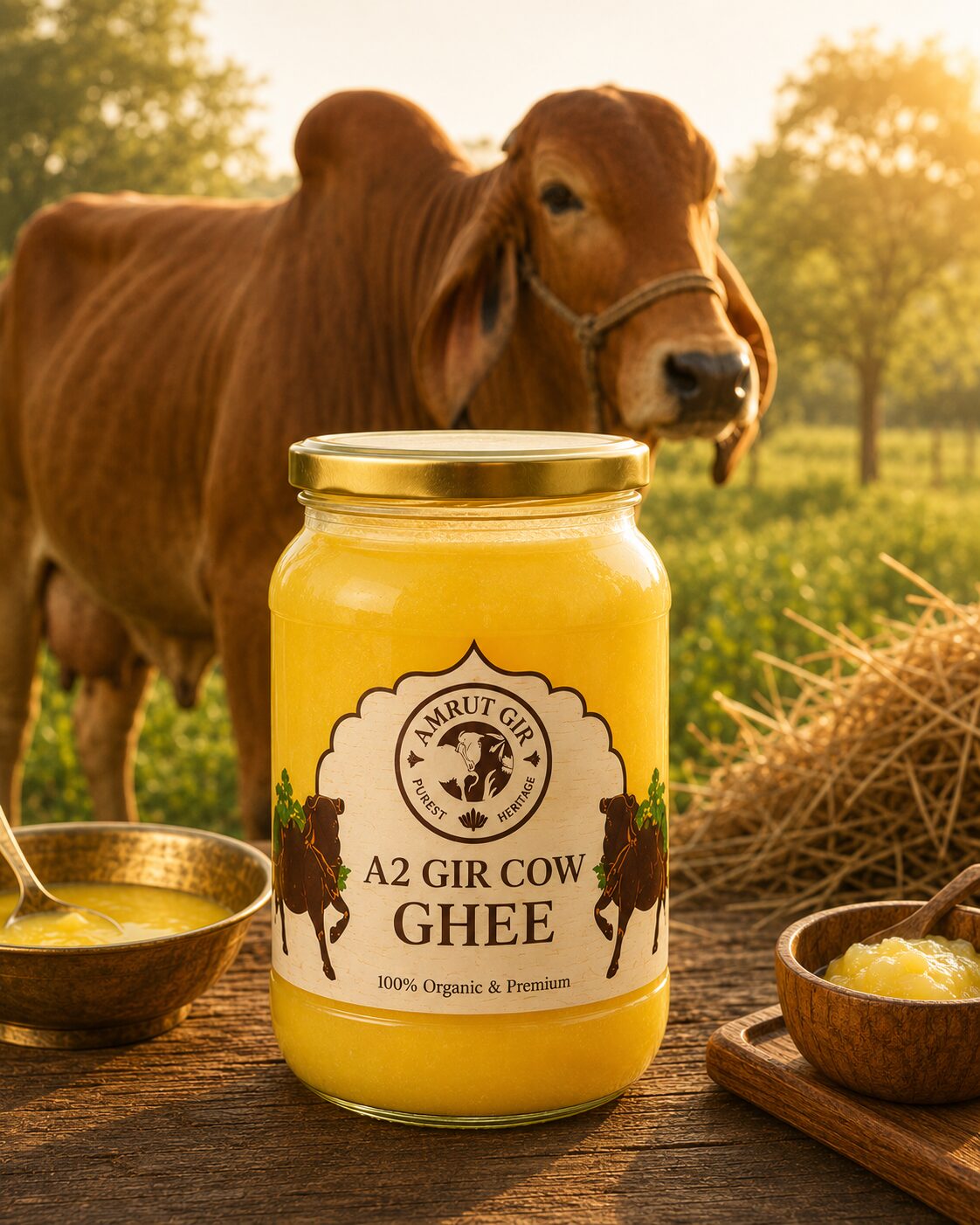 A2 Gir cow ghee jar with a desi cow softly visible in the background