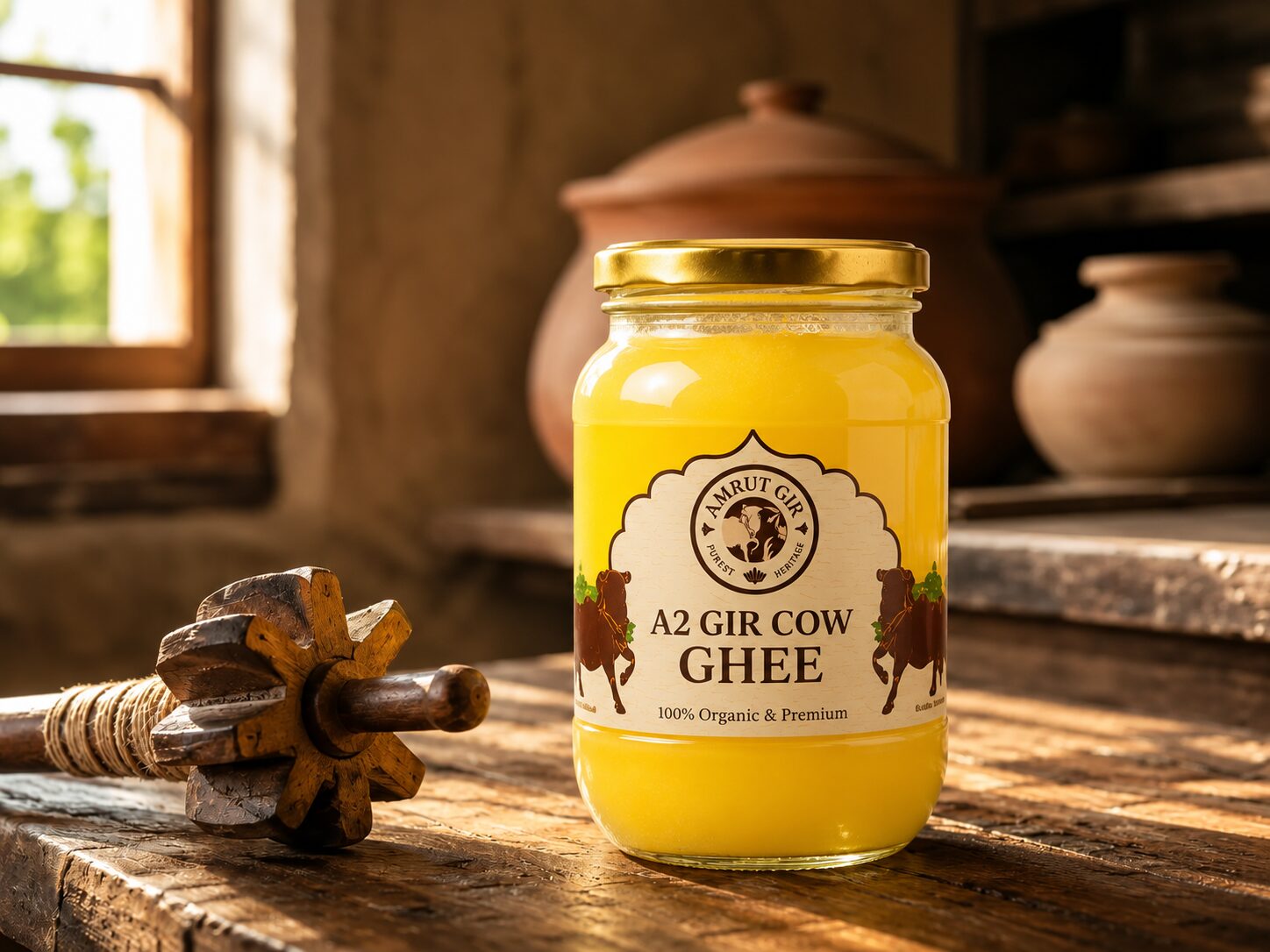 Pure Bilona A2 Gir cow ghee in a glass jar beside a traditional wooden churner