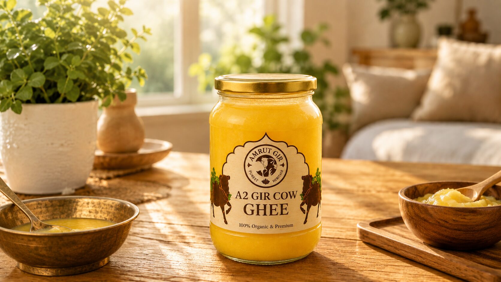 A calm, healthy morning with a jar of pure ghee on the table