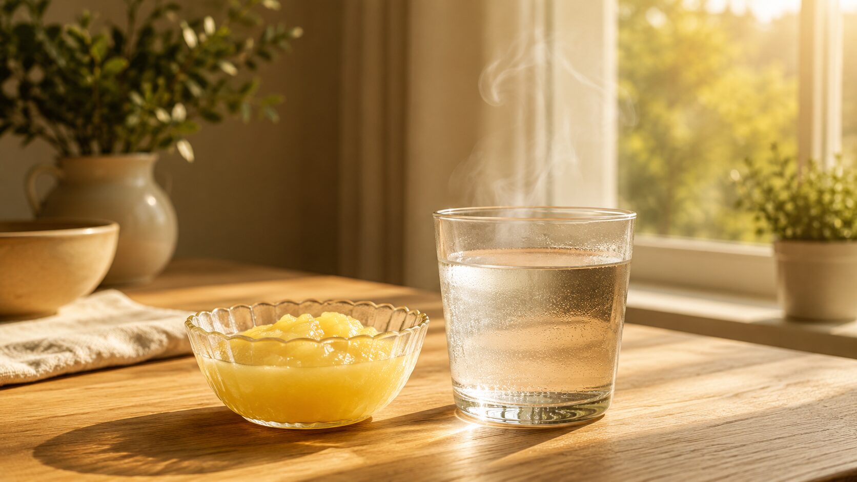 A small bowl of golden ghee with a glass of warm water in soft morning light