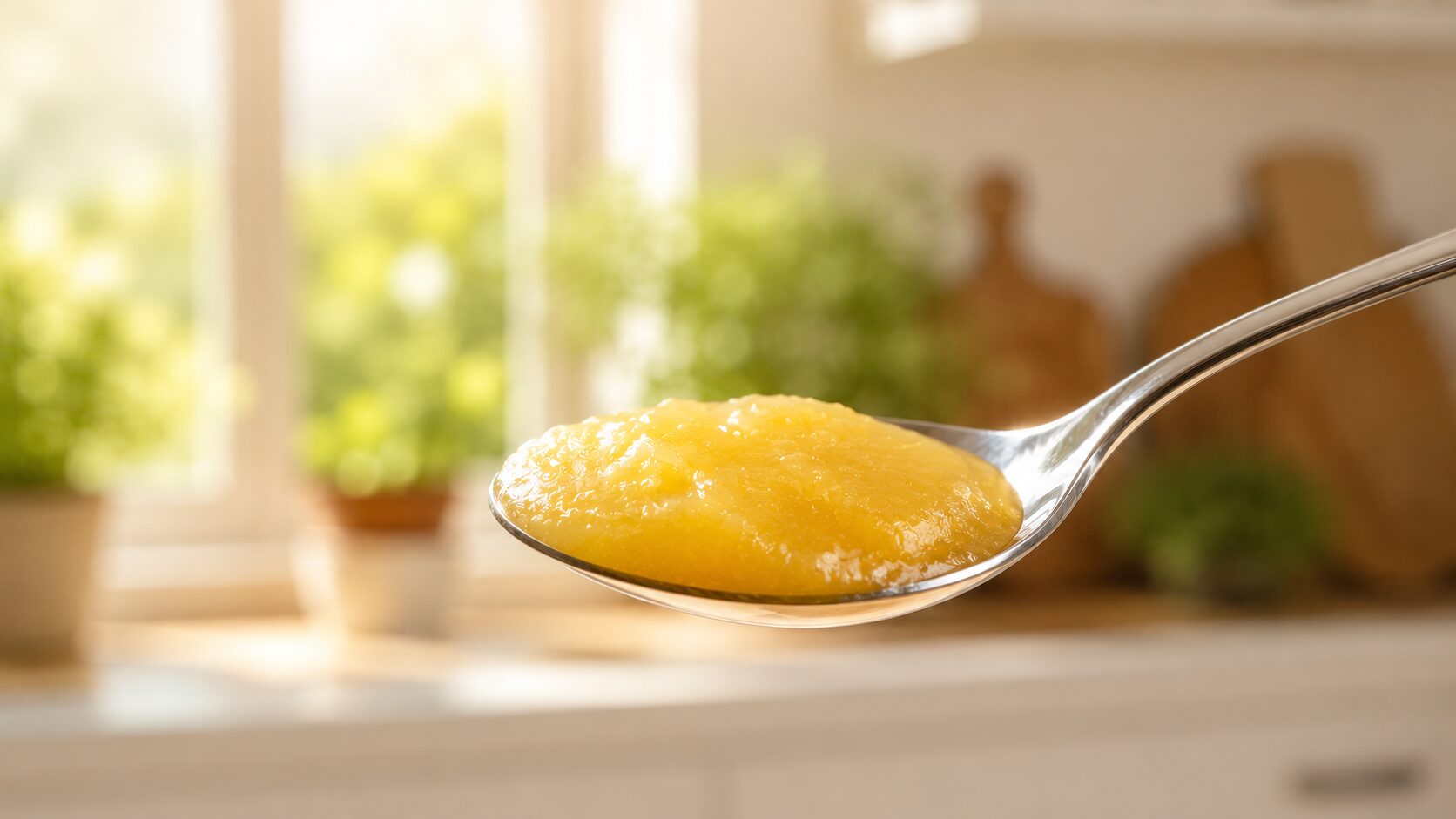 A spoon of warm golden ghee held in the morning light