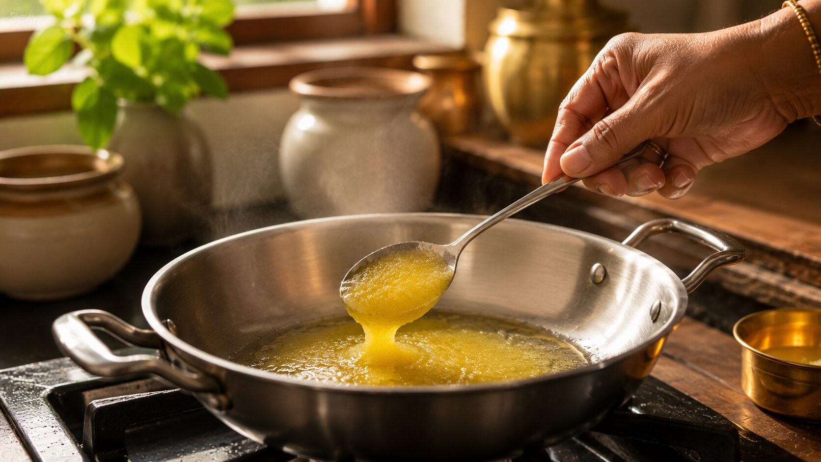 Testing ghee at home by melting it in a pan
