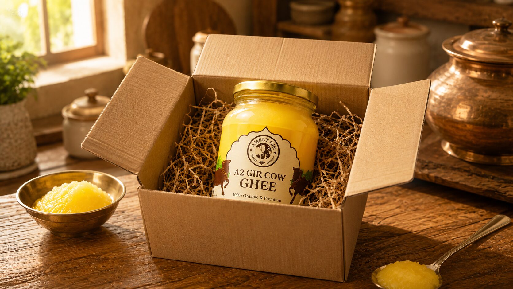 A jar of pure golden ghee with a spoon on a wooden kitchen table