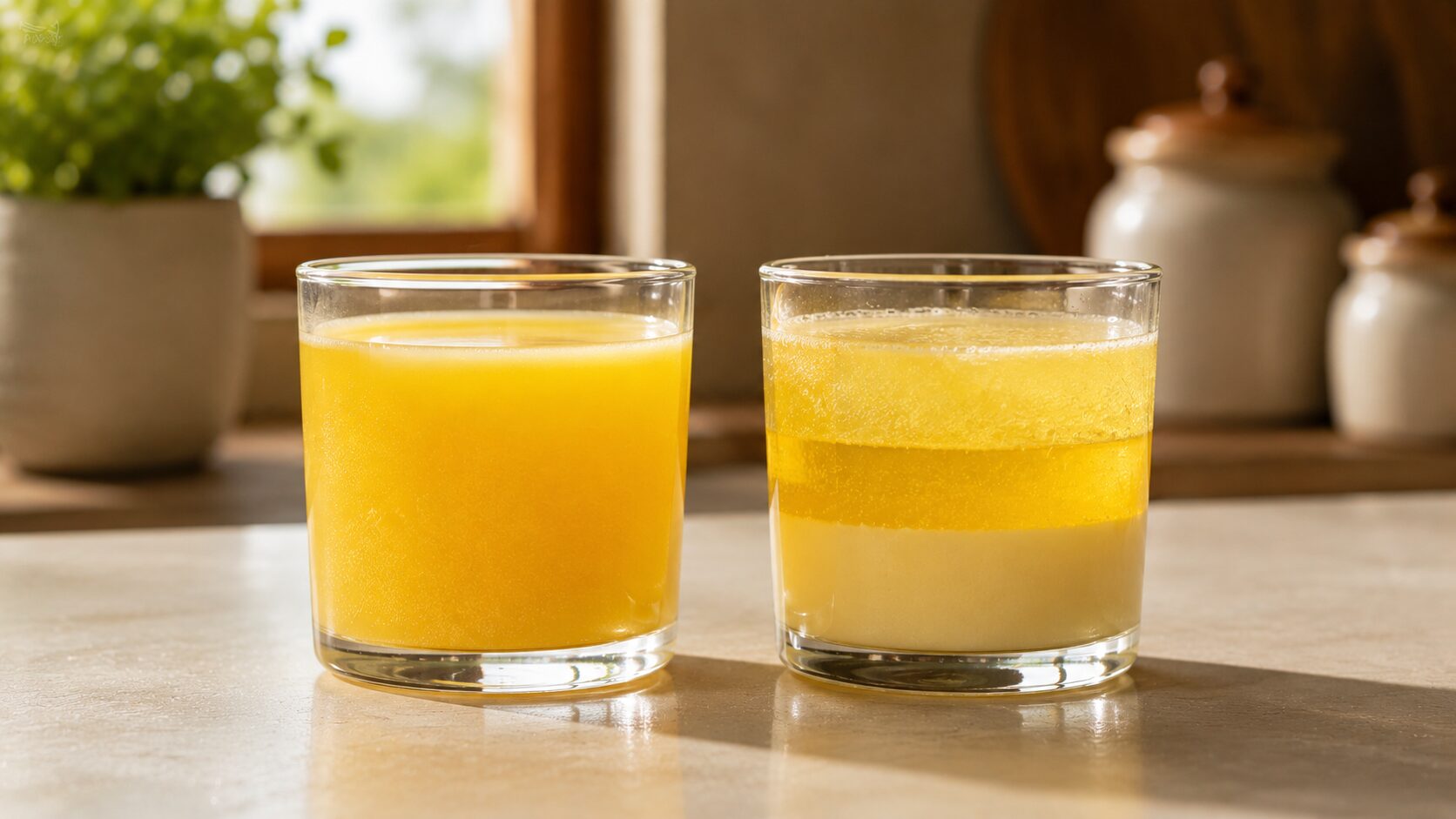 Two glasses of set ghee, one pure in a single layer and one with separated layers