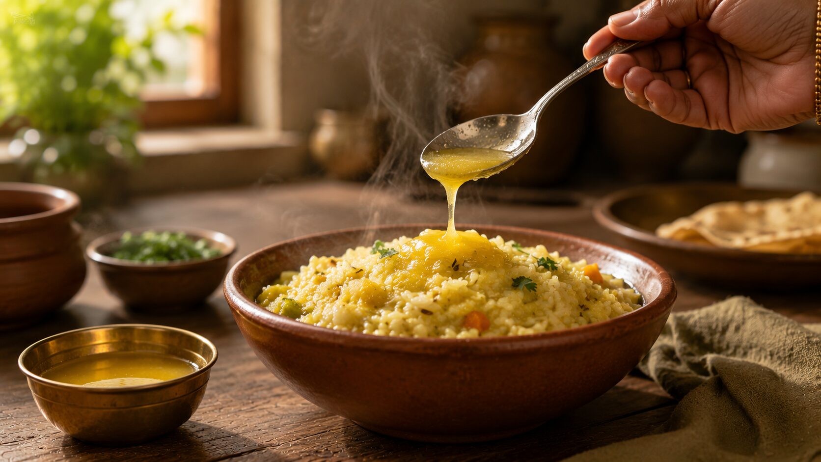 A spoon of pure ghee over a warm home-cooked meal