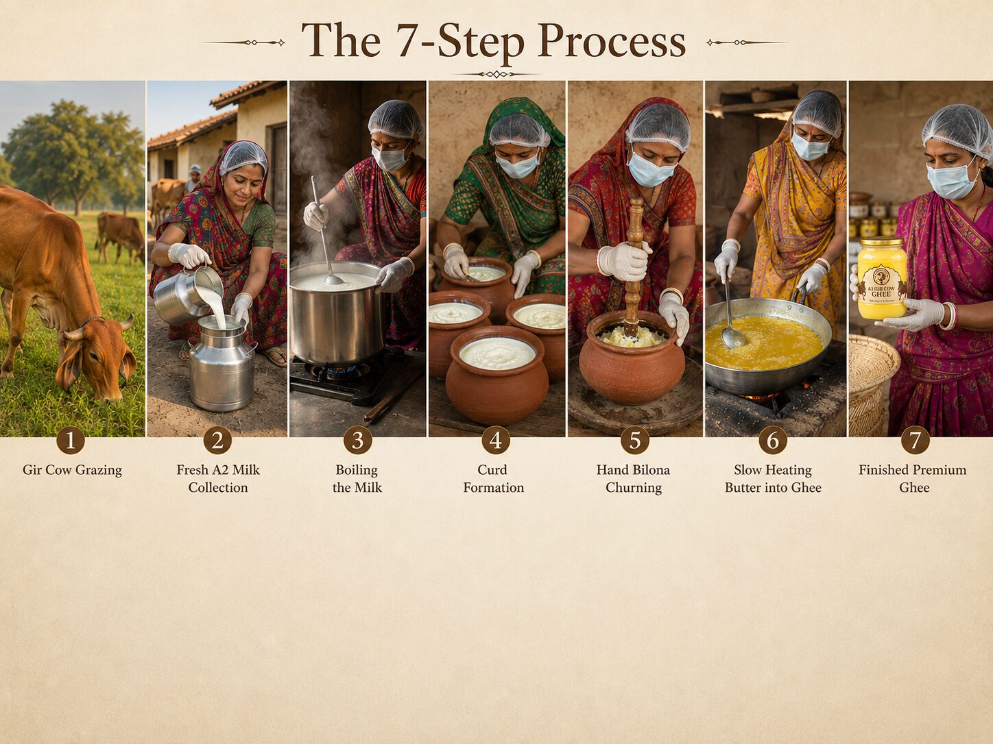 The traditional 7-step Bilona process for making A2 Gir cow ghee