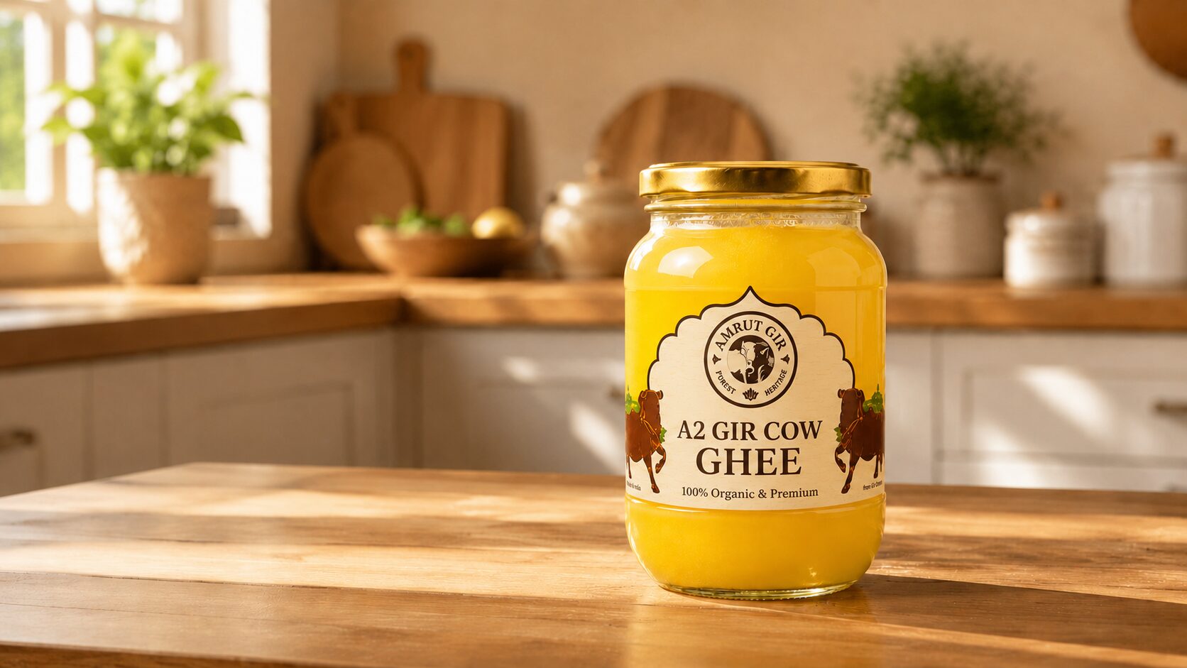 A jar of pure golden A2 Gir cow ghee on a warm wooden table