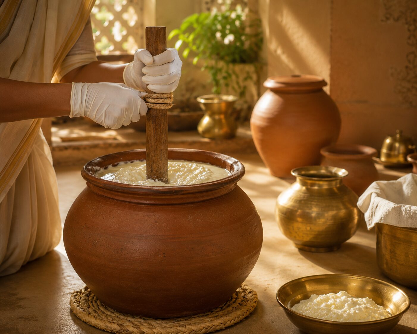 Pure A2 Gir Cow Ghee being slow hand-churned under hygienic conditions