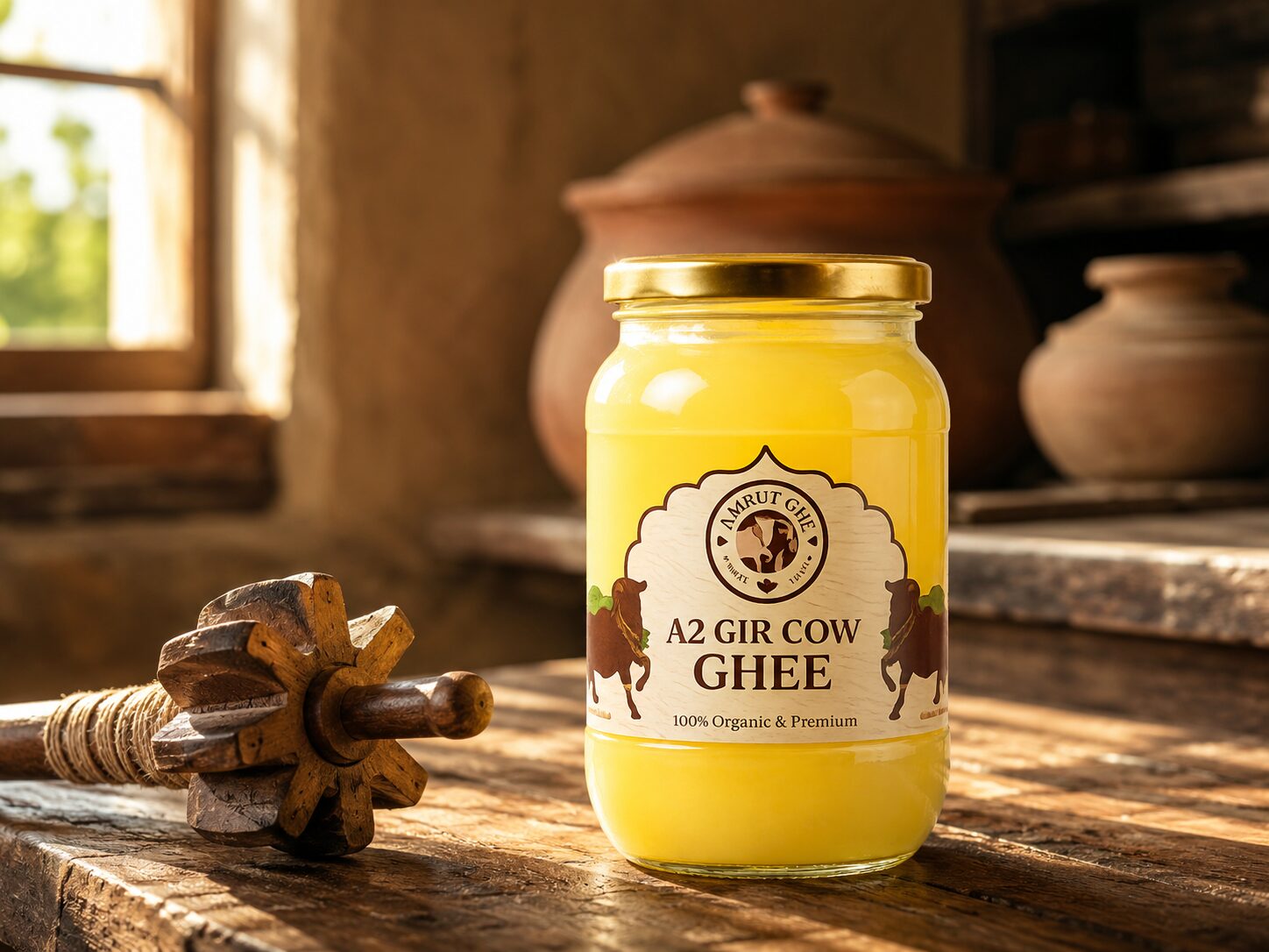Pure Bilona A2 Gir cow ghee in a glass jar beside a traditional wooden churner