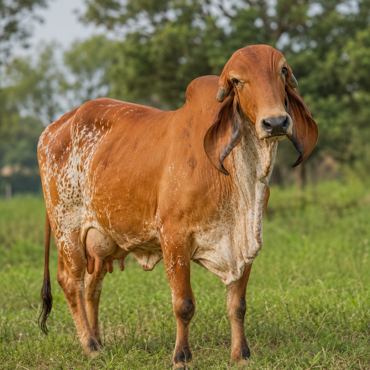 A grass-fed desi Gir cow in a natural farm setting
