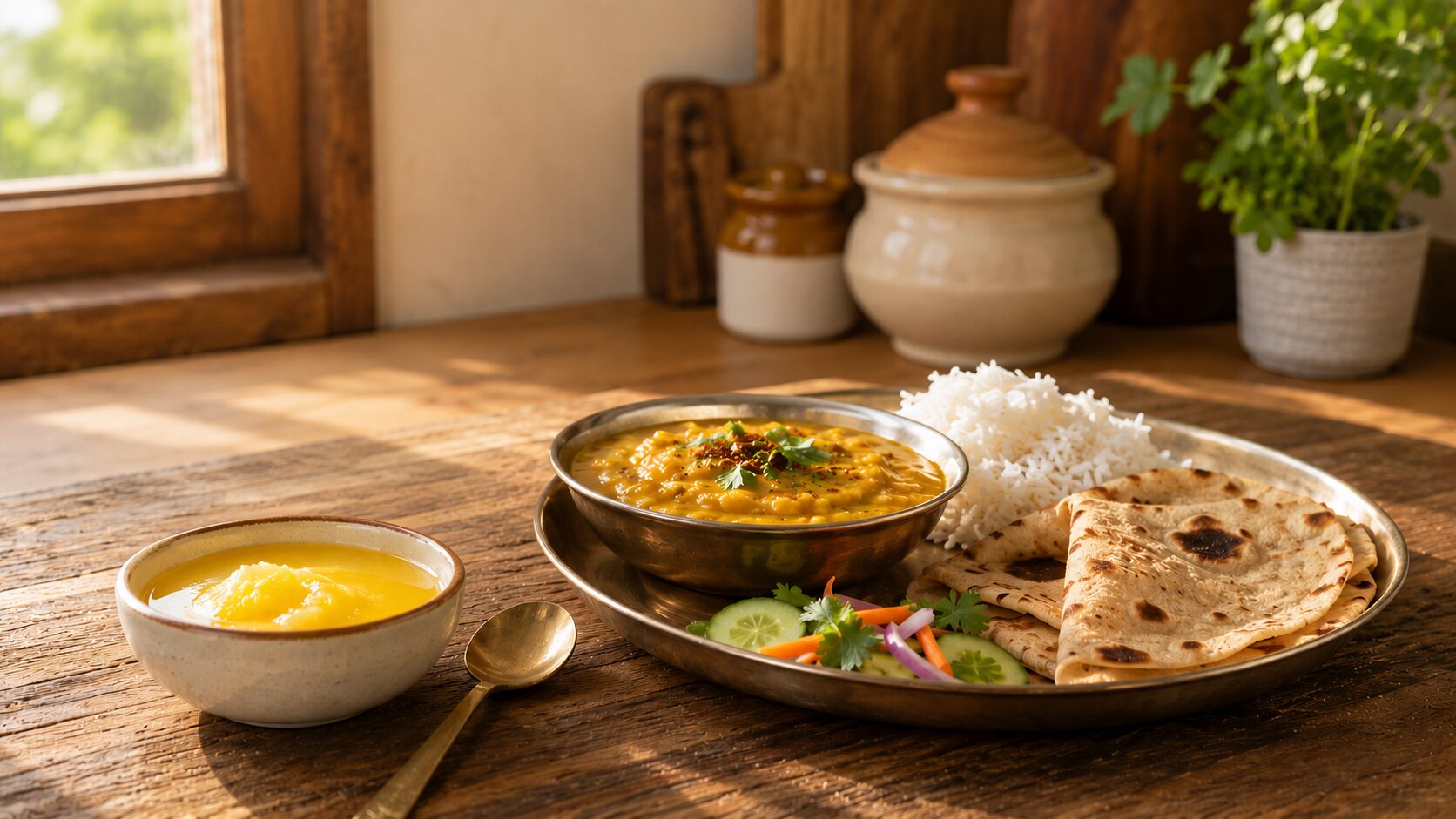 Pure A2 ghee served alongside healthy home-cooked food