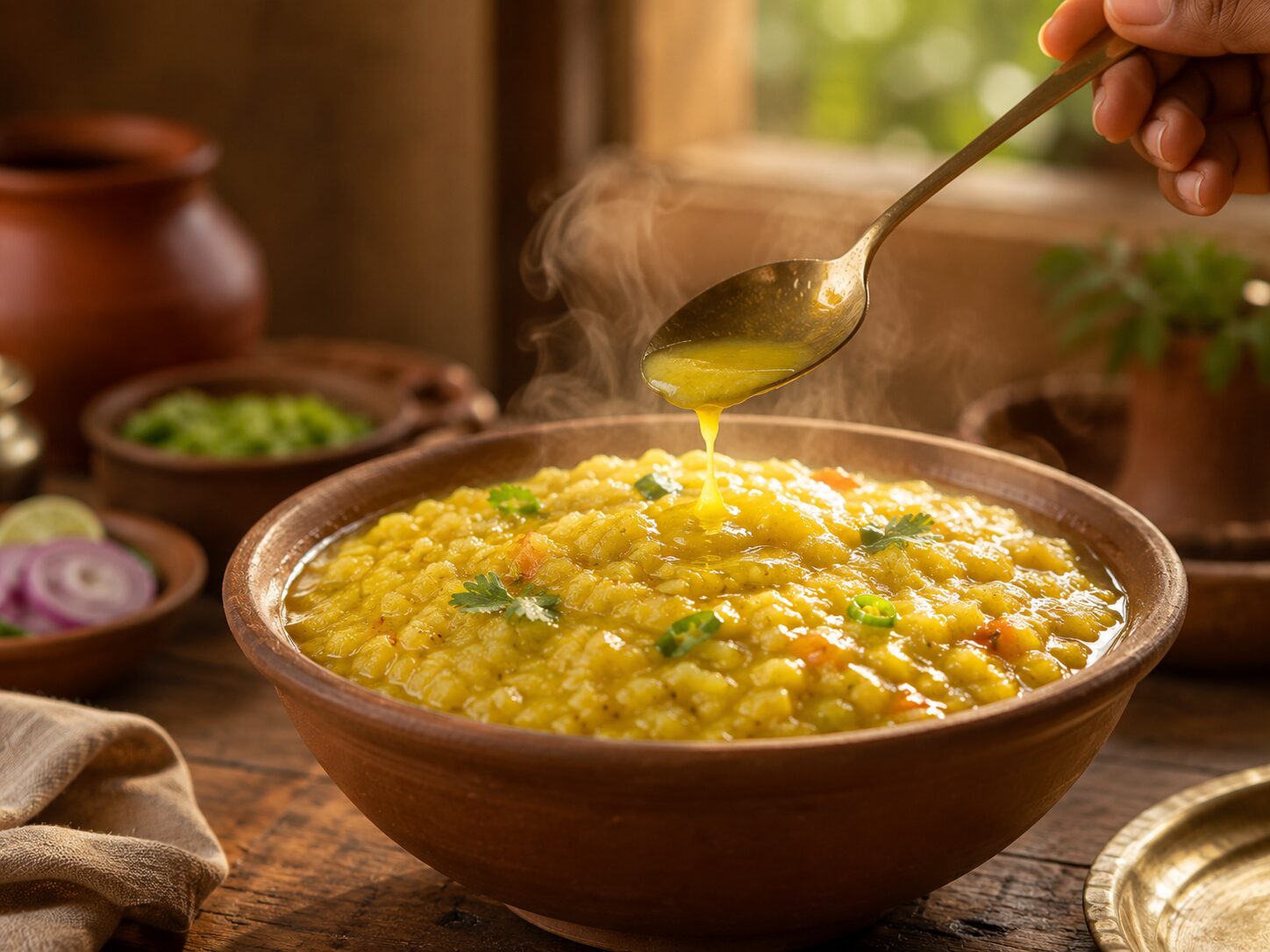 Bilona ghee being spooned over hot khichdi