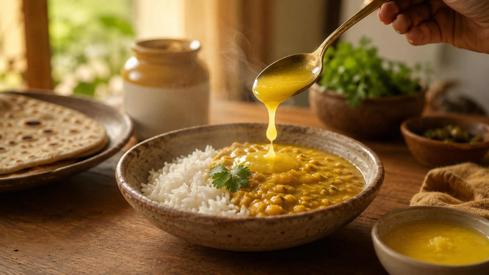 A spoon of pure A2 Gir cow ghee over a warm home-cooked meal