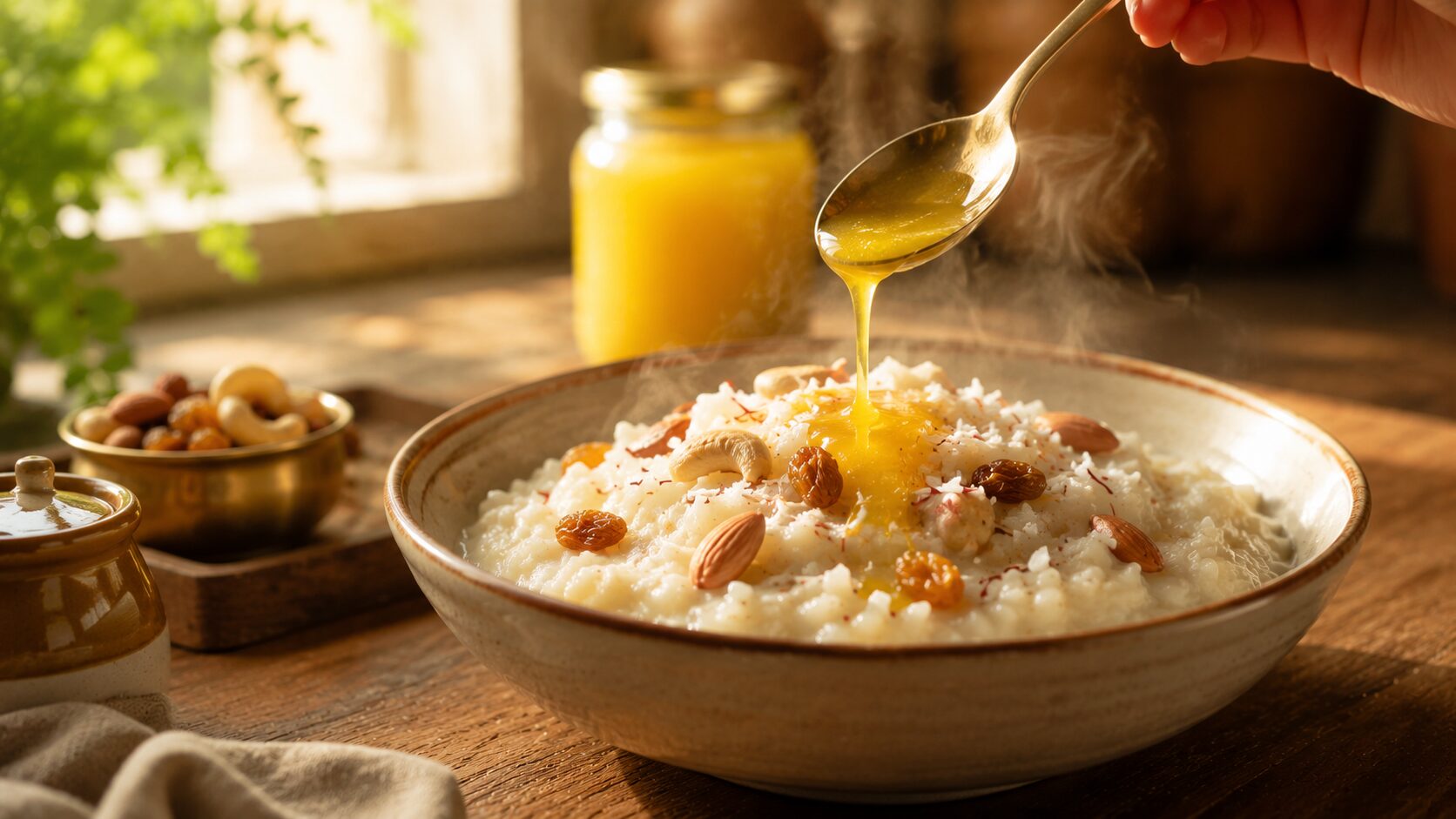 A spoon of pure A2 ghee over a warm home-cooked meal